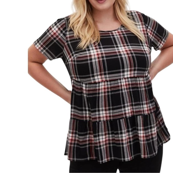Torrid Rayon Crepe Tiered Plaid Babydoll Peplum Top Size 5 - Picture 1 of 12